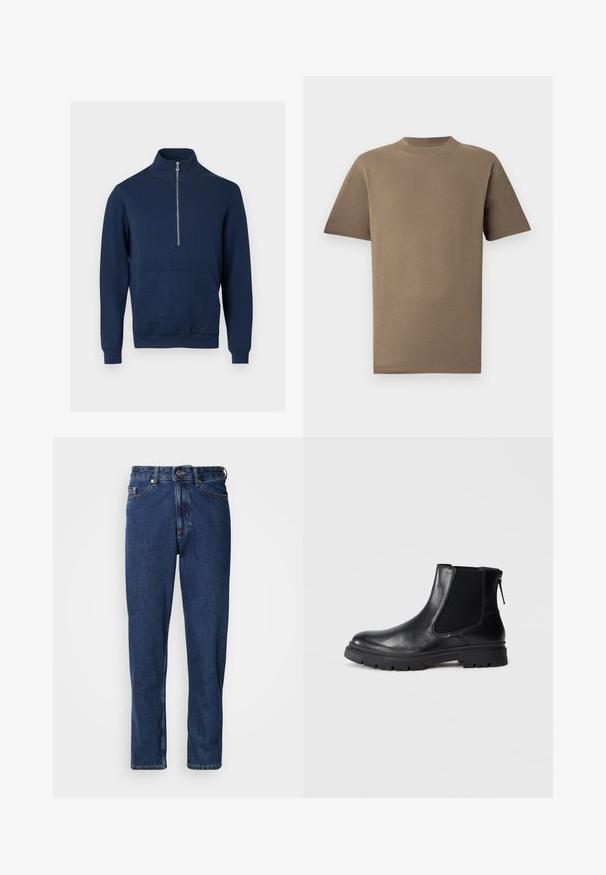 Sweat-shirt bleu marine avec un col montant et une fermeture éclair d'un quart. Présente un panneau texturé à l'avant ainsi que des poignets et un ourlet côtelés.; T-shirt en coton marron à manches courtes, col rond et coupe droite. Texture lisse, coutures minimales et pas de logos visibles.; Jean bleu foncé en denim, avec une coupe droite, style cinq poches et des coutures apparentes le long des coutures.; Bottine en cuir noir avec une finition lisse, des panneaux latéraux en maille élastique et une semelle robuste avec un motif de crampons visible.
