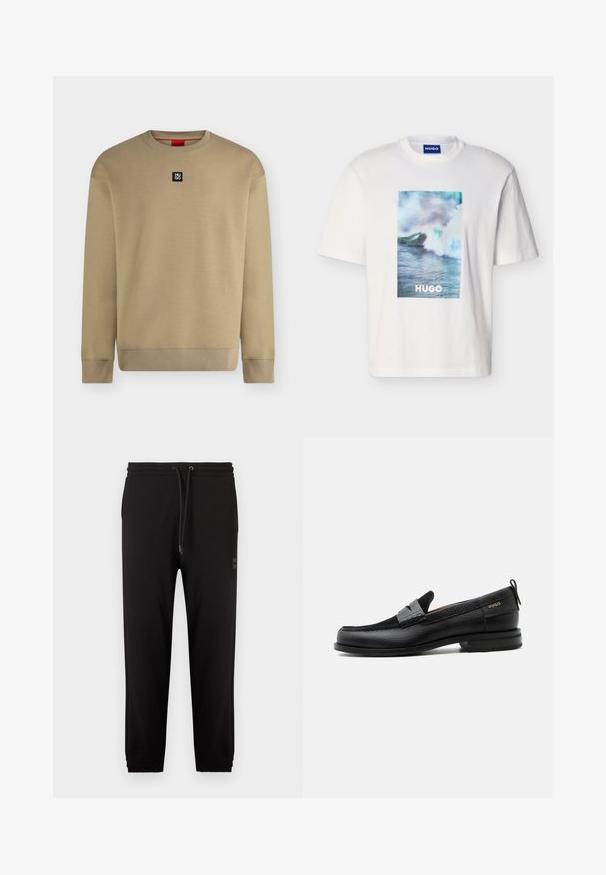 Sweat-shirt beige à manches longues et col rond, avec poignets et ourlet côtelés, avec un petit logo carré noir « HUGO » centré sur la poitrine.; T-shirt blanc à manches courtes avec un motif de vague océanique en bleu, vert et blanc et le texte "HUGO" centré à l'avant.; Pantalon de jogging noir avec ceinture élastique et poignets, cordon de serrage ajustable, et poches latérales, présenté sur un fond blanc.; Mocassin en cuir noir avec détail de bride grise, talon bas et semelle texturée, marqué "HUGO" en or sur le côté.