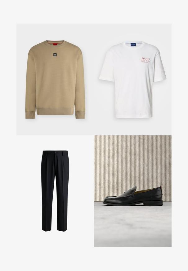 Sweat-shirt beige à manches longues et col rond, avec poignets et ourlet côtelés, avec un petit logo carré noir « HUGO » centré sur la poitrine.; T-shirt en coton blanc avec manches courtes, col rond, et un logo rouge sur le côté gauche de la poitrine. Texture lisse.; Pantalons noirs en tissu lisse, avec une coupe droite, des plis à l'avant et une fermeture à bouton avec passants de ceinture.; Mocassin pour homme en cuir noir avec un dessus embossé effet croco et un petit talon, présenté de profil sur un fond neutre.