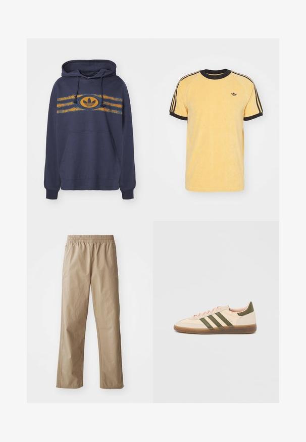 Námornícky modrá mikina s kapucňou vyrobená z bavlny, s klokankou, so striedajúcimi sa oranžovými a tyrkysovými pruhmi a oválnym logom v strede.; adidas Originals CALI TEE - Tričko s potlačou - oat; Béžové ľahké nohavice s elastickým pásom, rovnými nohavicami a bočnými vreckami. Hladká textúra s jemnými švami.; Nízky béžový tenisky Adidas Spezial so zelenými pruhmi, gumovou podrážkou a nápisom „SPEZIAL“ na boku, zobrazené z vonkajšej strany.
