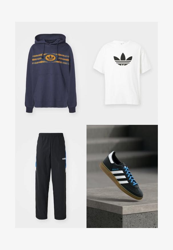 Dunkelblauer Hoodie aus Baumwolle mit einer Kängurutasche, versehen mit orangefarbenen und türkisfarbenen Streifen sowie einem ovalen Logo in der Mitte.; Weißes Baumwoll-T-Shirt mit großem schwarzem Adidas Trefoil-Logo und drei horizontalen Streifen darunter. Kurze Ärmel, Rundhalsausschnitt.; Schwarze Sporthose mit elastischem Bund, ausgestattet mit blauen und weißen grafischen Akzenten an den Seiten und einem gestickten Logo.; Schwarzer Adidas-Sneaker mit weißen Streifen, blauen Schnürsenkeln und Gummisohle, der über einer grauen Betontreppe im weichen Licht schwebt.