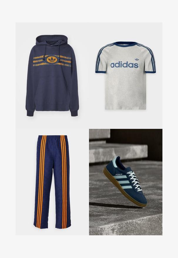 Tummansininen huppari, joka on valmistettu puuvillasta ja jossa on kengurupocketti. Hupparissa on oranssit ja teal-väriset raidat sekä ovaali logo keskellä.; Vaaleanharmaa Adidas-paita, jossa tummansininen kaulus, hihansuut, kolme raitaa hartioilla sekä Adidas-logo ja teksti edessä.; Laivastonsiniset housut, joissa on kauttaaltaan kuvioitu pinta ja kolme vahvaa oranssia raitaa kummallakin sivulla. Vyötäröllä joustava nauha.; Sininen Adidas Spezial -tenissukat valkoisilla raidoilla ja nauhoilla, kumipohjalla, leijuu karhean betonipinnan ja portaiden yläpuolella taustalla.