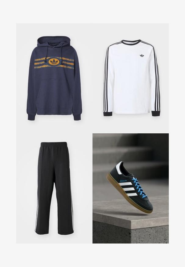 Námornícky modrá mikina s kapucňou vyrobená z bavlny, s klokankou, so striedajúcimi sa oranžovými a tyrkysovými pruhmi a oválnym logom v strede.; Biele tričko Adidas s dlhým rukávom, čiernym okrúhlym výstrihom, čiernymi manžetami, tromi čiernymi pruhmi na rukávoch a čiernym logom trefoil na hrudi.; Čierne teplákové nohavice s elastickým pásom, s bielymi bočnými pruhmi a voľným strihom. Vyrobené z mäkkej, elastickej tkaniny.; Čierna teniska Adidas s bielymi pruhmi, modrými šnúrkami a gumovou podrážkou, ktorá sa vznáša nad sivým betónovým schodom v mäkkom svetle.