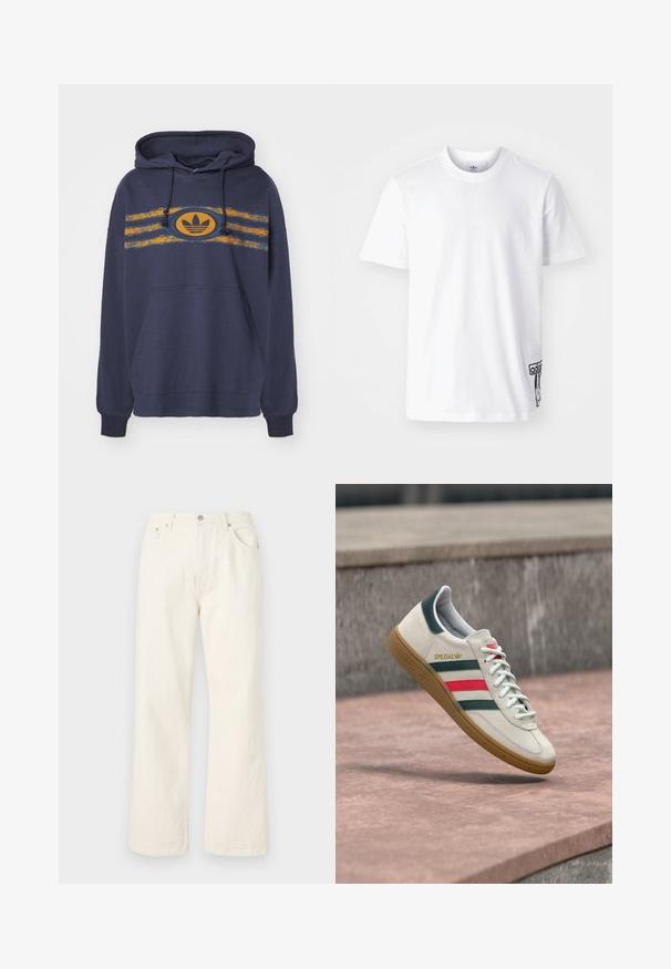 Dunkelblauer Hoodie aus Baumwolle mit einer Kängurutasche, versehen mit orangefarbenen und türkisfarbenen Streifen sowie einem ovalen Logo in der Mitte.; Weißes Baumwoll-T-Shirt mit kurzen Ärmeln, Rundhalsausschnitt und einem schwarzen Adidas-Logo-Patch auf der unteren linken Seite. Glatte Textur.; Cremfarbene Schlagjeans aus Denim, mit einem klassischen Fünf-Taschen-Design und einem Metallknopfverschluss an der Taille.; Weißer Adidas Sneaker mit grünen und roten Streifen, Gummisohle und "SPEZIAL"-Branding, der über einem Steinpflaster schwebt.