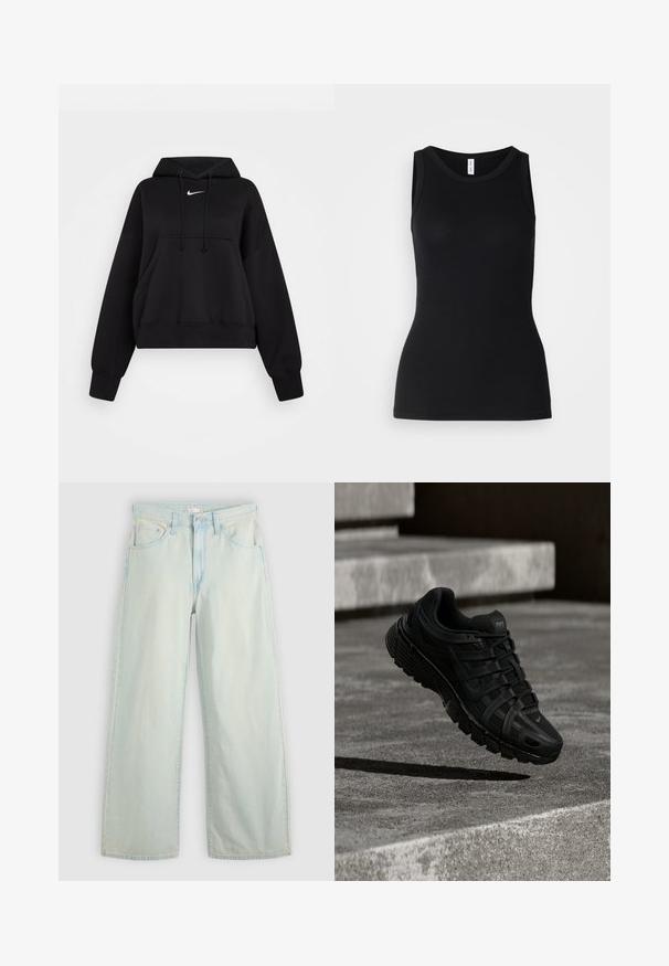 Mustat lyhyet hupparit, jotka on valmistettu pehmeästä kankaasta, joissa on nyörillinen huppu, etupuolen kengurulaukku ja pieni valkoinen Nike-logo rinnassa.; Musta hihaton toppi, joka on valmistettu ribbikankaasta, pyöreä kaula-aukko ja istuva muotoilu, sileä pinta ilman kuviota.; Vaaleansiniset leveälahkeiset farkut, jotka on valmistettu denimistä. Niissä on korkea vyötärö, viisi taskua ja klassinen ompelu. Sileä pinta ja haalistunut viimeistely.; Musta urheilukenkä, jossa on verkkomainen päällinen, kumipohja ja monimutkainen nauhoitus; kengässä on kevyt kaarevuus ja Nike-brändäys.