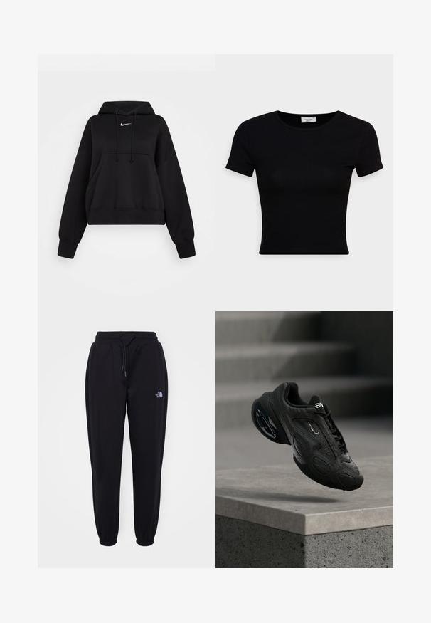 Must have must-haves: pehmeast kangast must lühike kapuutsiga pusa, millel on reguleeritav kapuuts, esine tasku ja väike valge Nike logo rinnal.; Musthave musta lühikeste varrukatega T-särk, mis on valmistatud siledast puuvillakangast, ümarama kaelusega ja sobiva lõikega. Minimalistlik, ilma nähtavate mustriteta.; Mustad musta värvi jooksupüksid elastse vöökoha ja mansettidega, stringi sidumise võimalus, küljetaskud ja väike valge The North Face logo paremal reiel.; Mustad sportlik jalanõu tekstureeritud nahkpealsega, silmatorkava logoga ja polsterdatud tallaga. Omab abstraktseid mustreid ja sujuvaid, ümarate detailidega aktsente.