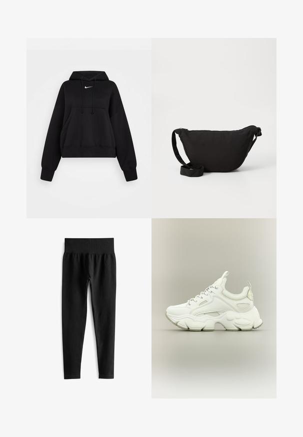 Čierna skrátená mikina vyrobená z mäkkej textílie, s kapucňou na šnúrku, prednou klokankou a malým bielym logom Nike na hrudi.; Čierne rebrované legíny so širokým elastickým pásom, ktoré majú priliehavý strih a hladkú textúru. Žiadny viditeľný hardvér ani vzory.; Biele robustné tenisky s hrubou textúrovanou podrážkou, sieťovinovým a koženým zvrškom, zapínanie na šnúrky a pútka na jazyku a päte.; Čierna taška hobo vyrobená z mäkkej textílie, s hladkým zakriveným tvarom, so zipsovým uzáverom a širokým nastaviteľným popruhom. Hladká textúra bez vzorov.