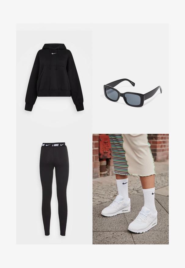 Sudadera corta negra hecha de tejido suave, con capucha ajustable, bolsillo canguro delantero y un pequeño logo blanco de Nike en el pecho.; Leggings atléticos negros con una cintura alta que presentan un logo blanco de Nike. La tela es suave y elástica, diseñada para ropa de actividad.; Zapatillas Nike Air Max 90 blancas con parte superior de malla y cuero, que cuentan con una unidad de aire visible, combinadas con calcetines blancos con relieve y logotipo negro.; Gafas de sol rectangulares negras con lentes oscuros, montura de plástico grueso y patillas anchas. Superficie lisa y diseño anguloso.