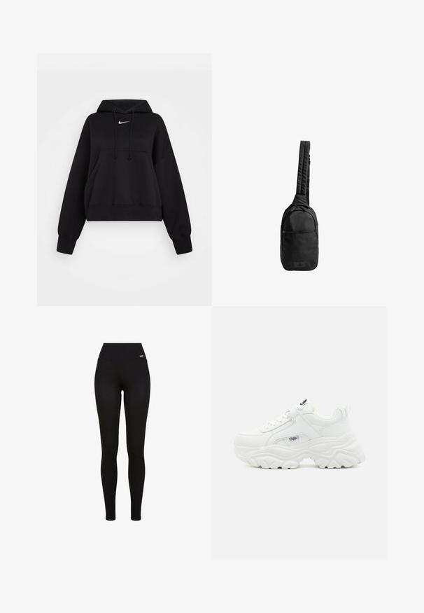 Sort cropped hoodie lavet af blødt stof, med hætte med snor, frontlomme til hænderne og et lille hvidt Nike-logo på brystet.; Sorte leggins med høj talje, strækbart stof, glat tekstur og en tætsiddende pasform, der er velegnet til casual eller atletisk brug.; Hvide chunky sneakers med en glat læderoverdel, rund tå og tyk tekstureret sål med et synligt brandlogo på siden.; Sort sling-ting med tekstureret stof, med en enkelt polstret rem, frontlomme med lynlås og logo-patch på bunden.