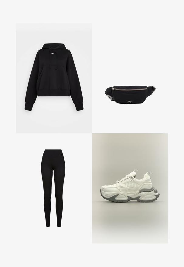 Hoodie noir court en tissu doux, avec une capuche à cordon, poche kangourou avant et un petit logo Nike blanc sur la poitrine.; Leggings Noirs avec une taille haute, tissu extensible, texture lisse et un design ajusté, adaptées pour un usage décontracté ou sportif.; Baskets épaisses blanches et grises avec semelle texturée, languettes de tir sur la languette et le talon, et design détaillé des panneaux sur la tige.; Sac banane en tissu noir avec fermeture éclair argentée et bandoulière ajustable, avec petit logo blanc "Bimba y Lola" sur le devant.