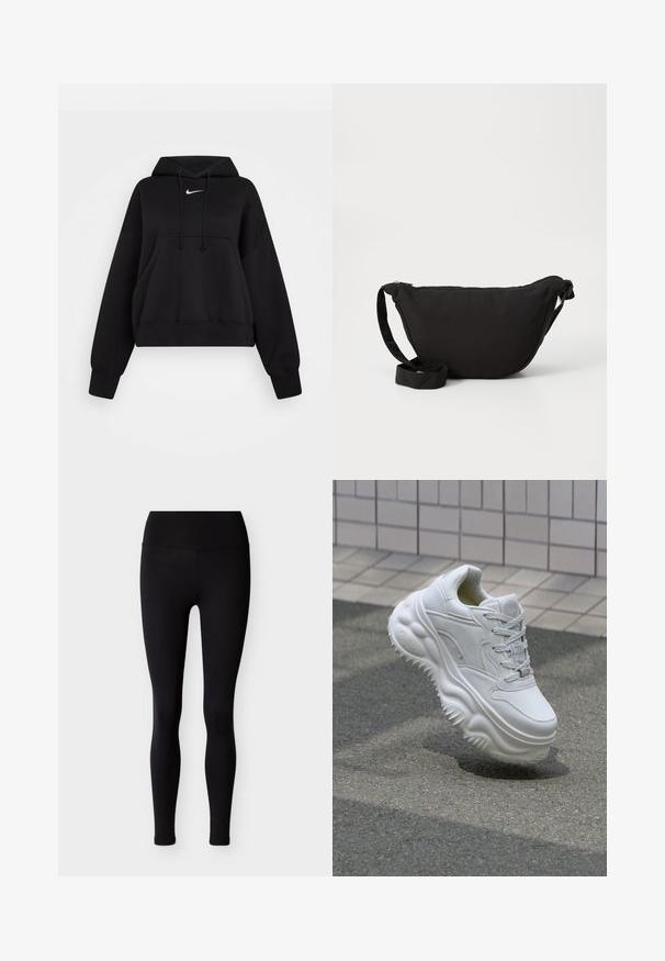 Must have must-haves: pehmeast kangast must lühike kapuutsiga pusa, millel on reguleeritav kapuuts, esine tasku ja väike valge Nike logo rinnal.; Mustad venivad retuusid, millel on kõrge vöökoht ja kujule järgnev lõige. Siledapindne tekstuur, ilma mustrite või kaunistusteta.; Valge nahkne tennis, millel on paks tald, tekstuuriga detailid ja paeltega sulgemine. Omab vormitud aktsente ja siledat viimistlust.; Mustast kott, mis on valmistatud pehmest kangast, millel on kaarjas kuju, tõmblukk ja lai reguleeritav rihm. Sile tekstuur, ilma mustriteta.