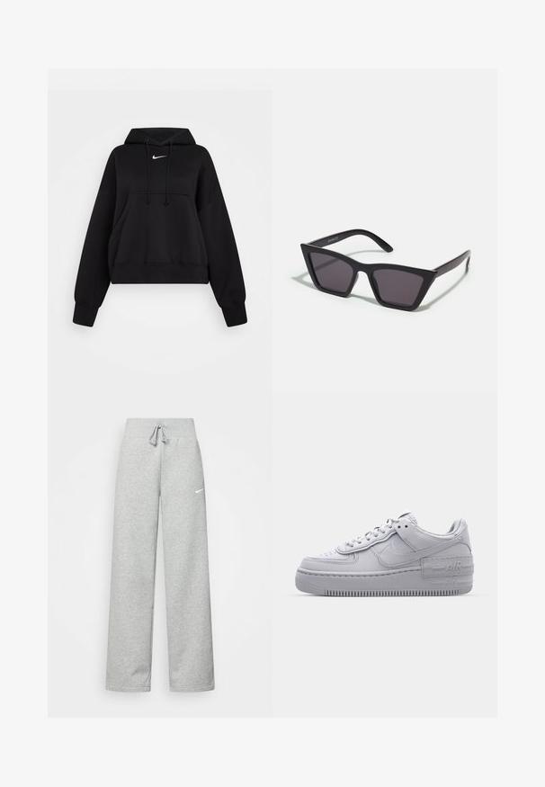 Must have must-haves: pehmeast kangast must lühike kapuutsiga pusa, millel on reguleeritav kapuuts, esine tasku ja väike valge Nike logo rinnal.; Hallide higi värvi spordipüksid, elastse vöökoht ja paelaga detail, millel on vasakul reiel väike valge Nike logo. Pehme kangas, laiem lõige.; Hallitus hallid Nike Air Force 1 sneakerid, millel on augustatud varvas, siledast nahast ülemine osa, paks tall ning reljeefne 'AIR' detail kontsapadjal.; Mustad mustrakellad, millel on hallid šabloonid; valmistatud plastist, paksude ja siledate kätega, ilma nähtava riistvarata.