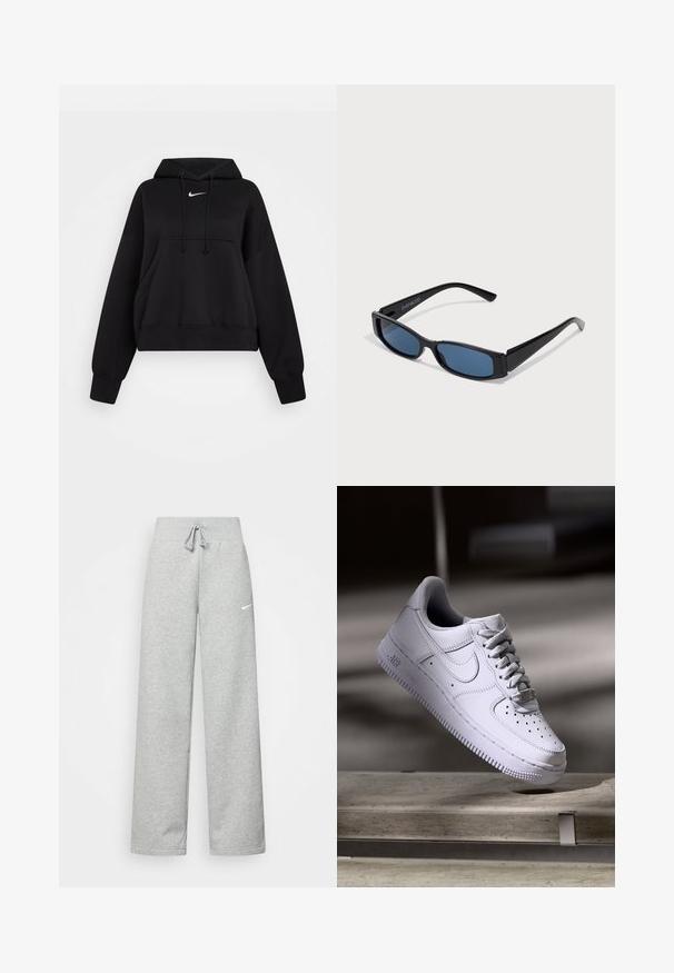 Sudadera corta negra hecha de tejido suave, con capucha ajustable, bolsillo canguro delantero y un pequeño logo blanco de Nike en el pecho.; Pantalones de chándal grises con cintura elástica, detalle de cordón y un pequeño logo blanco de Nike en el muslo izquierdo. Tejido suave, de corte holgado.; Zapatilla Nike Air Force 1 blanca levitando sobre una superficie de hormigón con sombras en un entorno minimalista.; Gafas de sol negras con una elegante montura rectangular y lentes azules. Presentan una textura suave y varillas resistentes. Logo de la marca en el costado.