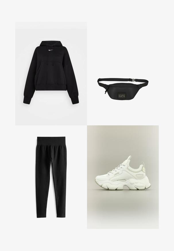 Čierna skrátená mikina vyrobená z mäkkej textílie, s kapucňou na šnúrku, prednou klokankou a malým bielym logom Nike na hrudi.; Čierne rebrované legíny so širokým elastickým pásom. Tkanina vyzerá pružne a textúrovane, končiac tesne nad členkom.; Biele robustné tenisky s hrubou textúrovanou podrážkou, sieťovinovým a koženým zvrškom, zapínanie na šnúrky a pútka na jazyku a päte.; Čierny ľadvinka vyrobená z hladkého, vodoodolného materiálu, s obdĺžnikovým telom, nastaviteľným popruhom a prednou logom nášivkou.