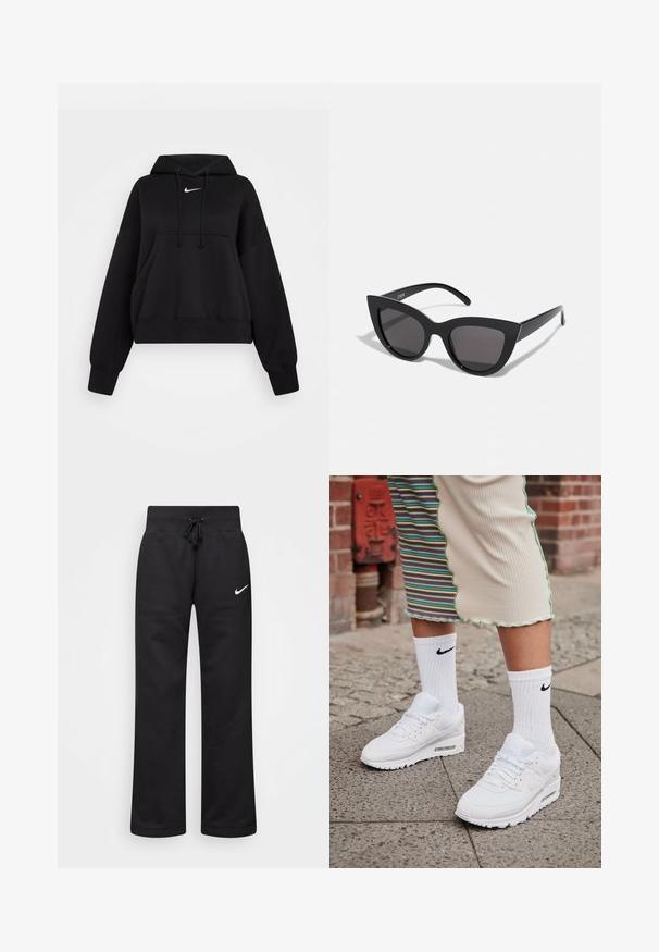 Black cropped hoodie made of soft fabric, featuring a drawstring hood, front kangaroo pocket, and a small white Nike logo on the chest.; Black sweatpants made of cotton blend, featuring a drawstring waistband, straight legs, and a white Nike logo on the left side.; White Nike Air Max 90 sneakers with mesh and leather upper, featuring a visible air unit, paired with white ribbed socks with black logo.; Black cat-eye sunglasses with a matte finish, featuring gray tinted lenses, sharp angles, and sleek side arms. Brand name visible on the inner arm.