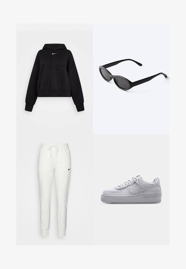 Sudadera corta negra hecha de tejido suave, con capucha ajustable, bolsillo canguro delantero y un pequeño logo blanco de Nike en el pecho.; Pantalones de chándal blancos de algodón con una cinturilla elástica, cordón ajustable y logo negro de Nike en el lado izquierdo. Puños ajustados en los tobillos.; Zapatilla Nike Air Force 1 gris con puntera perforada, parte superior de cuero suave, suela gruesa y detalle en relieve 'AIR' en el talón.; Gafas de sol ovaladas negras y elegantes con lentes oscuras y patillas rectas, reposando sobre una superficie blanca.