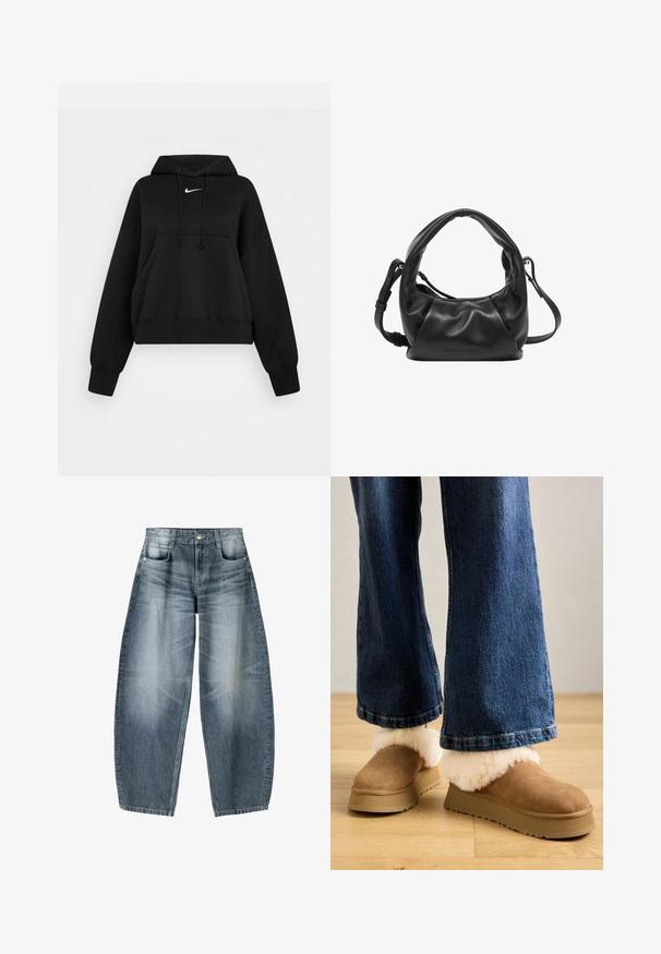 Sort cropped hoodie lavet af blødt stof, med hætte med snor, frontlomme til hænderne og et lille hvidt Nike-logo på brystet.; Bredde jeans lavet af lyseblå denim med falmning, der har et fem-lomme design, knaplukning og minimale syninger.; Brune ruskindssandaler med en tykk lys pelsopfoldning, monteret på en beige platformssål, parret med bredbenede denimjeans.; Sort læderhåndtaske med et blødt og afslappet design, rund håndtag og justerbar skulderrem. Diskret logo-detalje foran.