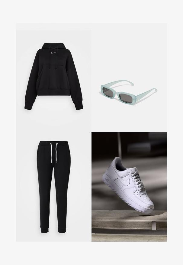 Sudadera corta negra hecha de tejido suave, con capucha ajustable, bolsillo canguro delantero y un pequeño logo blanco de Nike en el pecho.; Pantalones deportivos negros con cintura ajustable, acentos de cordón blanco, piernas ajustadas y puños acanalados. Fabricados con un tejido suave y cómodo.; Zapatilla Nike Air Force 1 blanca levitando sobre una superficie de hormigón con sombras en un entorno minimalista.; Un par de gafas de sol rectangulares con montura translucida azul clara y lentes gris oscuro, que cuentan con patillas rectas y detalles de hardware mínimos.