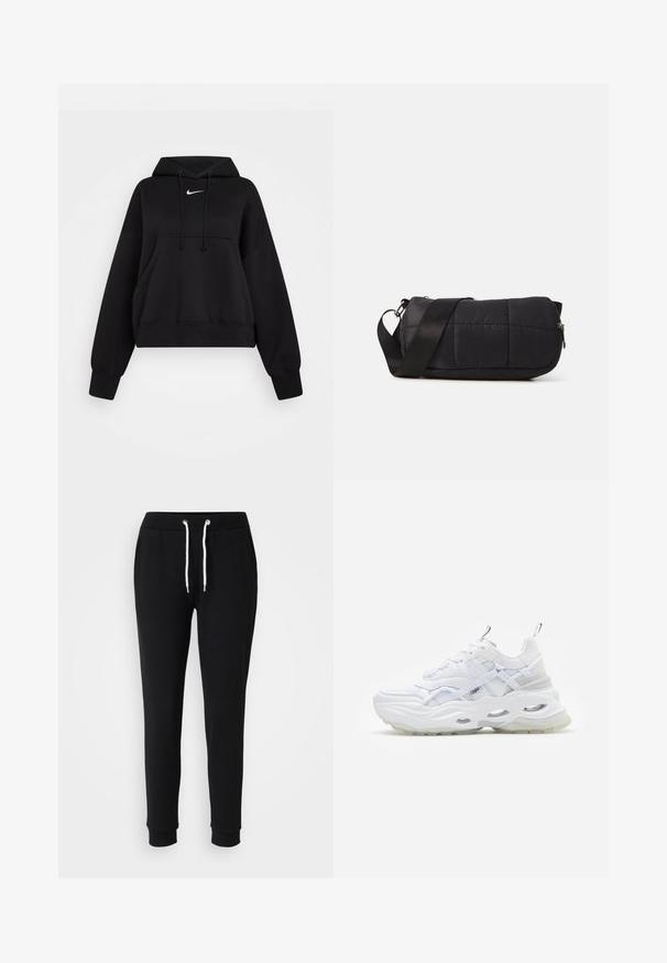 Čierna skrátená mikina vyrobená z mäkkej textílie, s kapucňou na šnúrku, prednou klokankou a malým bielym logom Nike na hrudi.; Čierne tepláky s viazaním v páse, biele šnúrkové akcenty, zúžené nohavice a rebrované manžety. Vyrobené z mäkkého, pohodlného materiálu.; Biele tenisky s masívnou podrážkou, vrstveným sieťovinovým a syntetickým zvrškom, s vzorovanými akcentmi, systémom šnurovania a poutkom.; Čierna prešívaná taška cylindrického tvaru, vyrobená z mäkkého materiálu. Obsahuje čierny popruh a strieborné kovanie. S uzatváraním na zips.