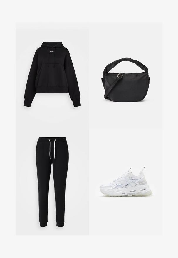 Čierna skrátená mikina vyrobená z mäkkej textílie, s kapucňou na šnúrku, prednou klokankou a malým bielym logom Nike na hrudi.; Čierne tepláky s viazaním v páse, biele šnúrkové akcenty, zúžené nohavice a rebrované manžety. Vyrobené z mäkkého, pohodlného materiálu.; Biele tenisky s masívnou podrážkou, vrstveným sieťovinovým a syntetickým zvrškom, s vzorovanými akcentmi, systémom šnurovania a poutkom.; Čierna látková taška na rameno s prekrútenou rukoväťou, odnímateľným popruhom a zipsom na vrchnom uzáveru. Hladký povrch a minimalistický dizajn.