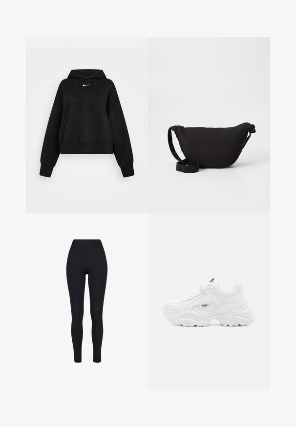 Hoodie noir court en tissu doux, avec une capuche à cordon, poche kangourou avant et un petit logo Nike blanc sur la poitrine.; Leggings noirs taille haute, fabriqués à partir d'un tissu extensible, présentant une texture lisse et un design ajusté sans coutures ni motifs visibles.; Des sneakers blancs chunky avec un dessus en cuir lisse, un bout rond et une semelle épaisse texturée avec un logo de marque visible sur le côté.; Sac hobo noir en tissu doux, avec une forme courbée, une fermeture éclair et une large sangle réglable. Texture lisse sans motifs.