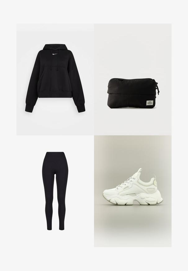 Čierna skrátená mikina vyrobená z mäkkej textílie, s kapucňou na šnúrku, prednou klokankou a malým bielym logom Nike na hrudi.; Čierne legíny s vysokým pásom, vyrobené z elastickej látky, s hladkou textúrou a priliehavým dizajnom bez viditeľných švov alebo vzorov.; Biele robustné tenisky s hrubou textúrovanou podrážkou, sieťovinovým a koženým zvrškom, zapínanie na šnúrky a pútka na jazyku a päte.; Čierne obdĺžnikové púzdro so zipsom a textilnou nálepkou s logom „Mads Nørgaard Copenhagen“ v pravom dolnom rohu.
