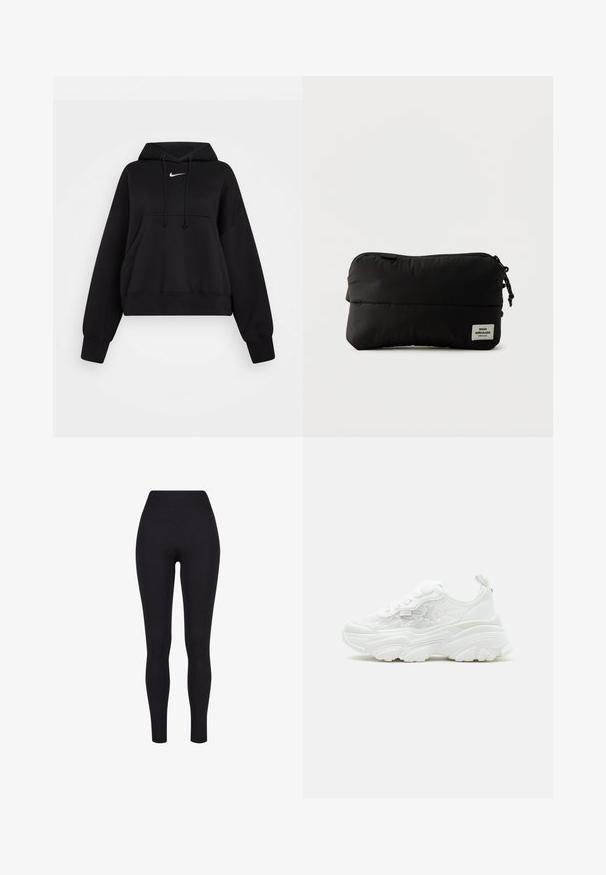 Black cropped hoodie made of soft fabric, featuring a drawstring hood, front kangaroo pocket, and a small white Nike logo on the chest.; Black high-waisted leggings, made from stretchy fabric, featuring a smooth texture and form-fitting design without any visible seams or patterns.; White chunky sneaker with lace-up front, floral mesh side panels, and thick sculpted sole, shown from left side on plain background.; Black rectangular zippered pouch with a fabric logo label reading "Mads Nørgaard Copenhagen" on the lower right corner.