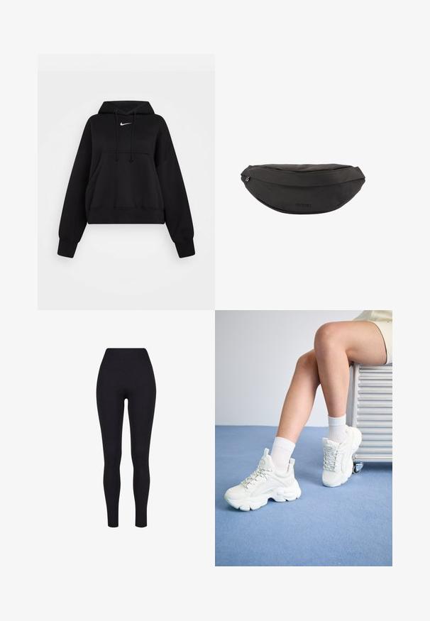 Sort cropped hoodie lavet af blødt stof, med hætte med snor, frontlomme til hænderne og et lille hvidt Nike-logo på brystet.; Sorte højtaljerede leggings, lavet af strækbart stof, med en glat tekstur og en tætsiddende design uden synlige sømme eller mønstre.; Hvide snøre-sneakers med en chunky sål, der har glat syntetisk materiale, teksturerede detaljer og en løkke på hælen.; Sort stoftalje taske med lynlåslukning og "BOGNER"-logo på forsiden i midten.