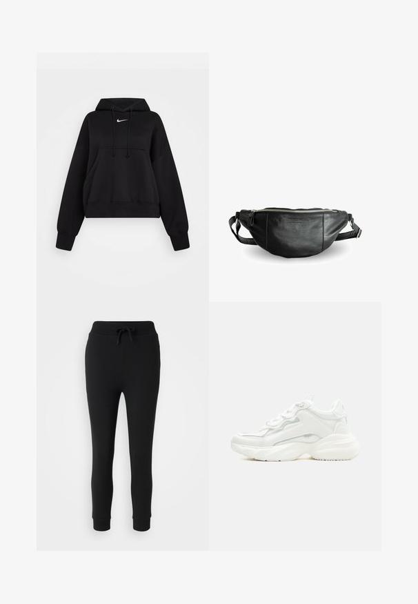 Čierna skrátená mikina vyrobená z mäkkej textílie, s kapucňou na šnúrku, prednou klokankou a malým bielym logom Nike na hrudi.; Even&Odd Petite Tepláky - black; Biela masívna teniska s hrubou podrážkou, šnurovaním vpredu a hladkým syntetickým zvrškom so subtílnymi švami.; Still Nordic BASIC - Ľadvinka - black