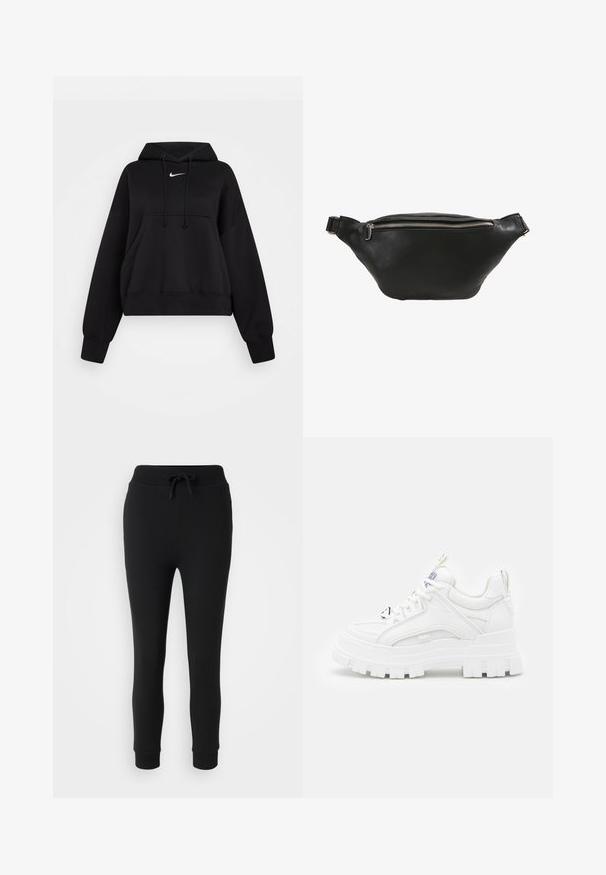 Čierna skrátená mikina vyrobená z mäkkej textílie, s kapucňou na šnúrku, prednou klokankou a malým bielym logom Nike na hrudi.; Even&Odd Petite Tepláky - black; Biele robustné tenisky s textúrovaným zvrškom, polstrovaným golierom a hrubou, ryhovanou podrážkou. Obsahuje kontrastné čierne šnúrky a detaily s logom.; Čierna kožená ledvinka s hladkou textúrou, zakriveným tvarom a strieborným zipsom. Obsahuje jeden nastaviteľný popruh.
