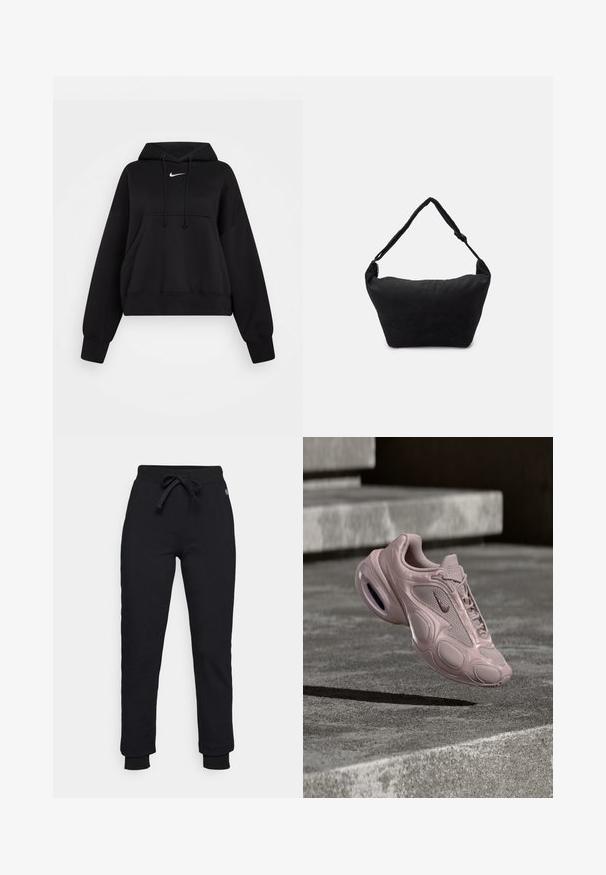 Čierna skrátená mikina vyrobená z mäkkej textílie, s kapucňou na šnúrku, prednou klokankou a malým bielym logom Nike na hrudi.; Čierne teplákové nohavice s pásom na šnúrku, rebrovanými manžetami a diskrétnym logom na boku. Vyrobené z jemného, pružného materiálu.; Teniska Nike v svetloružovej farbe s vrškom zo sieťoviny, zaoblenou podrážkou a viditeľným odpružením. Hladká textúra s reliéfnymi detailmi.; Čierna textilná ramenná taška s mäkkým štruktúrovaným povrchom, zaobleným tvarom a jedným popruhom. Minimalistický dizajn bez viditeľného hardvéru alebo akcentov.
