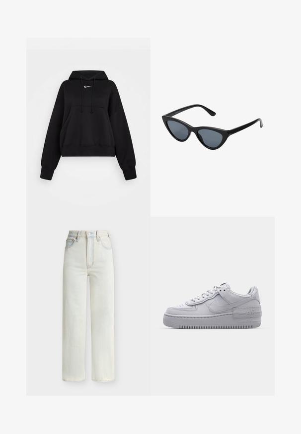 Zwarte cropped hoodie van zachte stof, met een trekkoordcapuchon, een kangaroezak aan de voorkant en een klein wit Nike-logo op de borst.; Lichtblauwe denim jeans met hoge taille, rechte pijpen, vooraan sluiting met knopen en rits, en een ontwerp met vijf zakken.; Grijze Nike Air Force 1 sneaker met geperforeerde neus, glad leren bovenwerk, dikke zool en verhoogde 'AIR' details op de hiel.; Zwarte cat-eye zonnebril met donkergrijze lenzen, slank plastic frame, puntige hoeken en rechte pootjes. Geen zichtbare hardware of accenten.