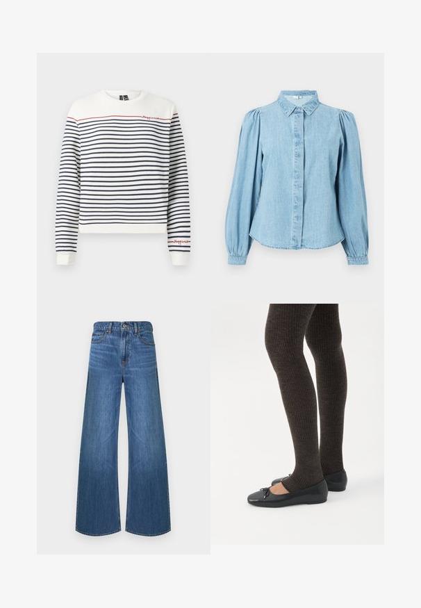 Sweatshirt rayé blanc et marine avec une broderie rouge portant le mot "Happiness". Doté d'un col rond et de poignets côtelés. Fabriqué en doux coton.; Chemise en denim bleu clair avec un col pointu, une patte de boutonnage à l'avant et des manches longues bouffantes. Texture lisse avec un ourlet arrondi.; Jean denim bleu à jambes larges avec bouton avant et fermeture éclair, style cinq poches, et passants pour ceinture, présenté sur un fond blanc.; Jambes portant des leggings côtelés foncés associés à des ballerines noires avec de petits détails en nœud sur fond blanc.