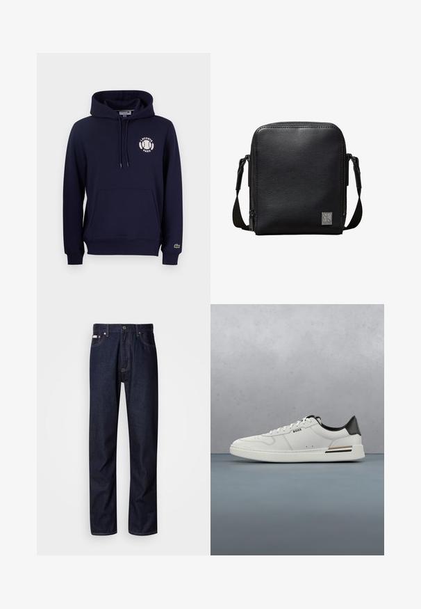 Tmavomodrá mikina vyrobená z bavlnenej zmesi, so prednou klokanou kapsou, kapucňou na šnúrku a bielym logom Lacoste s tenisovým motívom.; Tmavomodré jeans z denimu so strihom s rovnými nohavicami, obsahujúce zapínanie na gombíky, päť vreciek a kontrastné stehy.; Biele nízke tenisky s čiernou pätou, viazaním, jemnými perforáciami a logom "BOSS" na boku, zobrazené z vonkajšieho profilu.; Čierna prešívaná kožená kabelka crossbody s nastaviteľným popruhom a kovovou prednou značkou Calvin Klein.