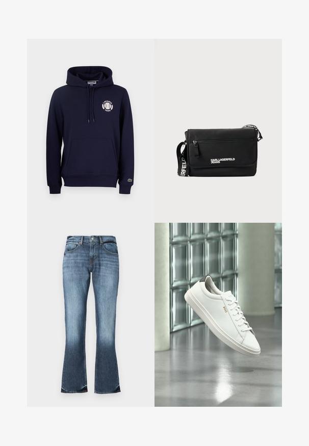 Tmavomodrá mikina vyrobená z bavlnenej zmesi, so prednou klokanou kapsou, kapucňou na šnúrku a bielym logom Lacoste s tenisovým motívom.; Modré džínsy s rozšírenými nohavicami, ktoré majú stredne vysoký pás, dizajn s piatimi vreckami a jemným vyblednutím pre opotrebovaný vzhľad. Hladká textúra po celom obvode.; Biela kožená teniska s nízkym strihom, šnúrkami, čiernou pätovou záložkou a logom „BOSS“, ktorá visí vo vzduchu v interiéri pri stene zo sklenených blokov a leštenej podlahe.; Čierna messenger taška z hladkého nylónu. Má nastaviteľný popruh, predné vrecko na zips a biely potlačený logo. Obdĺžnikový tvar s minimalistickým dizajnom.