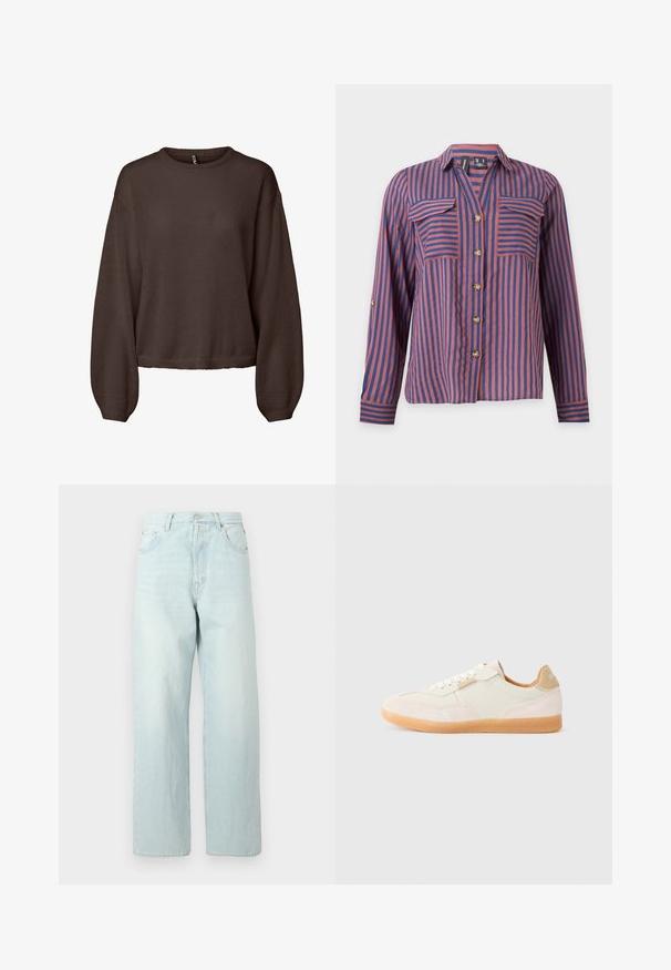 Pull en maille marron à manches longues, col rond côtelé, coupe ample et ourlet légèrement raccourci, présenté sur fond blanc uni.; Chemise à manches longues boutonnée avec des rayures verticales bleues et rouges et deux poches poitrine à rabats.; Jean large en denim bleu clair à taille haute, doté de cinq poches, d'une fermeture par bouton et d'un léger délavage.; Baskets beige clair avec une combinaison de textures lisses et en daim, dotées de lacets, de semelles en caoutchouc et d'un accent au talon marron.