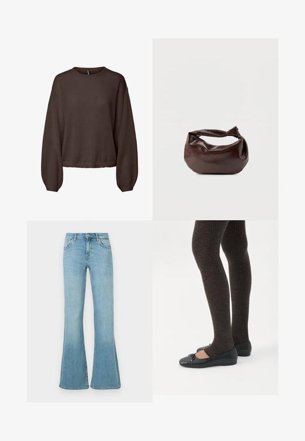Pull en maille marron à manches longues, col rond côtelé, coupe ample et ourlet légèrement raccourci, présenté sur fond blanc uni.; Jean en denim bleu clair à taille haute, fermeture avant par bouton et zip, poches avant et arrière, et jambes évasées.; Jambes portant des leggings côtelés foncés associés à des ballerines noires avec de petits détails en nœud sur fond blanc.; Sac bandoulière en cuir marron foncé avec une forme souple et décontractée et une anse nouée torsadée sur un fond blanc uni.