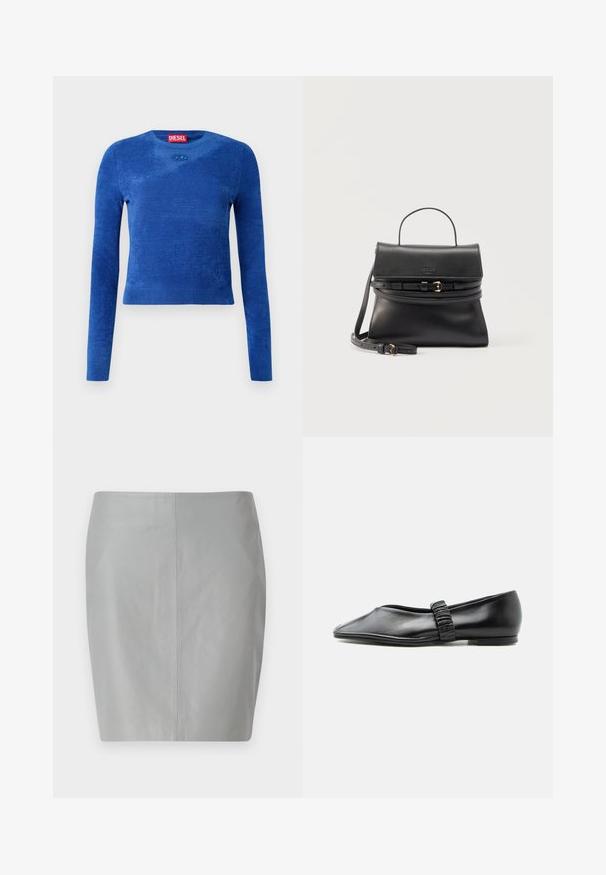 Blå langærmet cropped sweater med rund hals, subtil tekstur og lille oval logoemblem under halsudskæringen.; Grå læder blyantskirt med en glat tekstur, der har et enkelt design og en central søm, der løber lodret ned ad ryggen.; Sort læder flad sko med en rynket rem over toppen og en let spids tå, vist mod en ensfarvet baggrund.; Sort læderhåndtaske med top- håndtag, klaplukning, dobbelte spænderemme og aftagelig skulderrem på en neutral baggrund.
