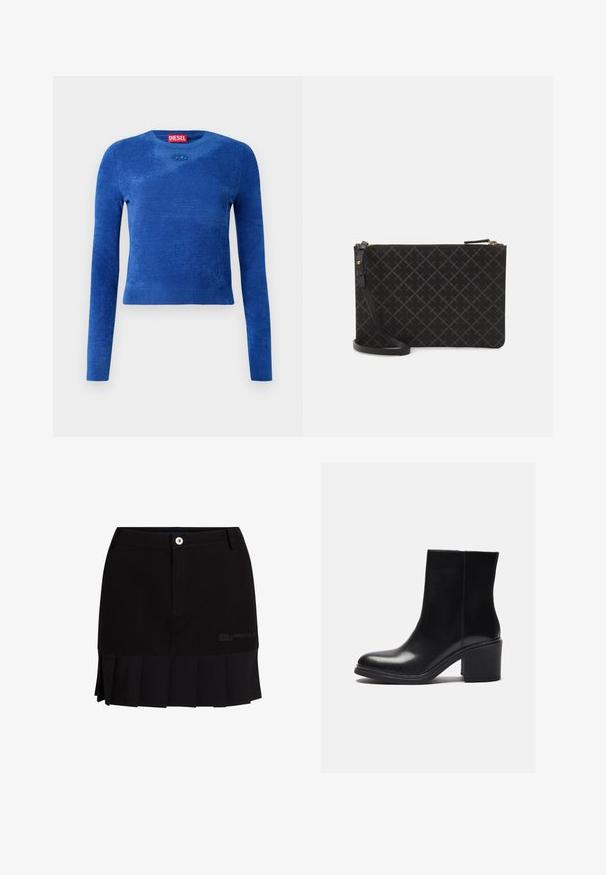 Blauwe cropped trui met lange mouwen en ronde hals, subtiele textuur en klein ovaal logo-embleem onder de halslijn.; Zwarte rok met een strakke taille en een knoopsluiting, een geplooid ontwerp aan de zoom en een bladgoud merk op de zijkant.; Zwarte leren enkellaars met een ronde neus en een blokhak. Glad textuur, strakke lijnen en minimale stikseldetail.; Zwarte leren clutch met een gestructureerd diamanten patroon, gouden rits en een afneembare schouderband. Gladde afwerking en rechthoekige vorm.