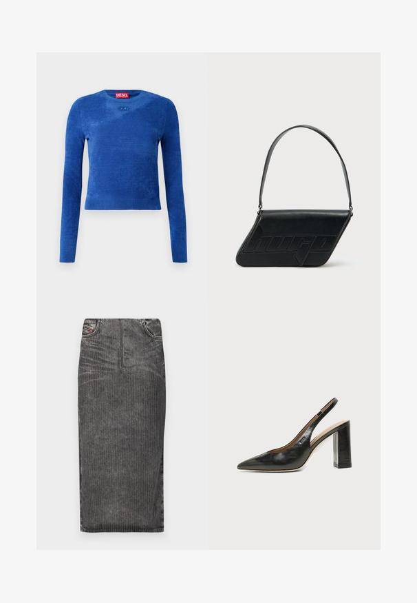 Jersey corto de manga larga azul con cuello redondo, textura sutil y pequeño emblema ovalado debajo del escote.; Falda midi de mezclilla gris con rayas verticales, con cintura alta, diseño de cinco bolsillos y dobladillo limpio.; Zapato slingback de piel negra con puntera puntiaguda, tacón alto y ancho, y forro interior beige sobre un fondo claro y liso.; Bolso de hombro de cuero negro con forma triangular, logo en relieve y una sola correa ajustable. Diseño minimalista con textura suave.