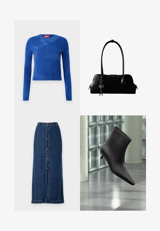 Blauwe cropped trui met lange mouwen en ronde hals, subtiele textuur en klein ovaal logo-embleem onder de halslijn.; Denim maxi rok in donkerblauw, met een voorkant knoopsluiting en zijopeningen, met een rechte stijl en gestikte zoom.; Zwarte leren enkellaars met puntige neus en lage hak, afgebeeld tegen een glazen blokkenmuur en gepolijste vloer op de achtergrond.; Zwarte leren Calvin Klein handtas met lange hengsels, een logo-label aan de voorkant en een zilverkleurige geometrische hanger die aan één hengsel hangt.