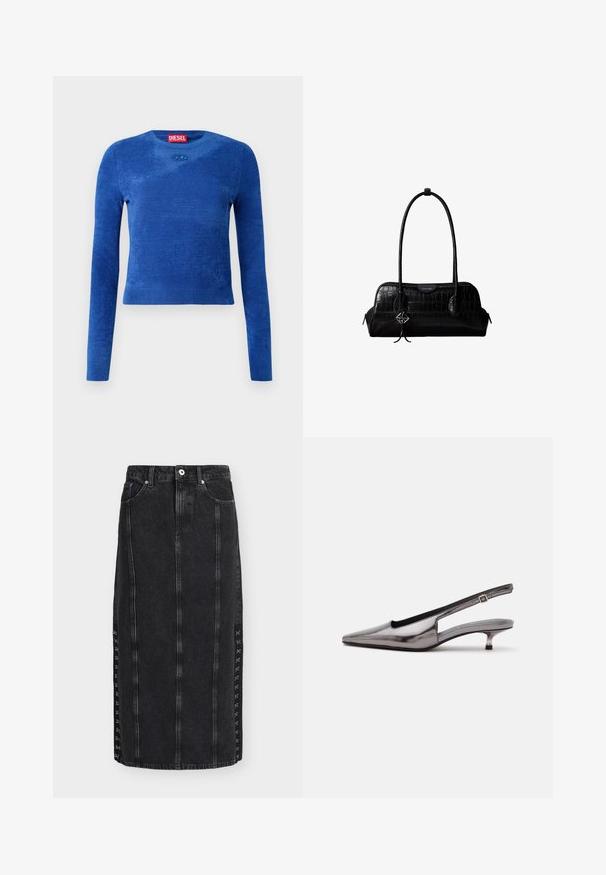 Jersey corto de manga larga azul con cuello redondo, textura sutil y pequeño emblema ovalado debajo del escote.; Falda midi de denim negro con detalles de costura frontal, trabillas para cinturón, bolsillos y cierres decorativos laterales de gancho y ojo.; Zapato slingback gris metálico con punta puntiaguda, tacón bajo tipo kitten y correa ajustable sobre fondo blanco.; Bolso de hombro negro de cuero con textura de cocodrilo, con correas largas y un pequeño colgante de logo plateado en una correa.