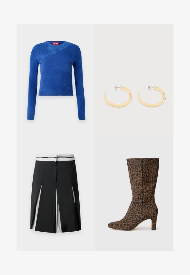 Blå langærmet cropped sweater med rund hals, subtil tekstur og lille oval logoemblem under halsudskæringen.; Sort midi-nederdel med hvide sidepaneler og slidsdetaljer, med en hvid talje med "KARL LAGERFELD" branding i sort.; Ankelstøvler i leopardprint i brune og sorte nuancer, med spidse tæer og blokhæl, fremstillet af tekstureret stof.; Øreringe i guldfarvet tekstureret halvbøjle med stift og sommerfugle-lukkemekanisme på en ensartet hvid overflade.