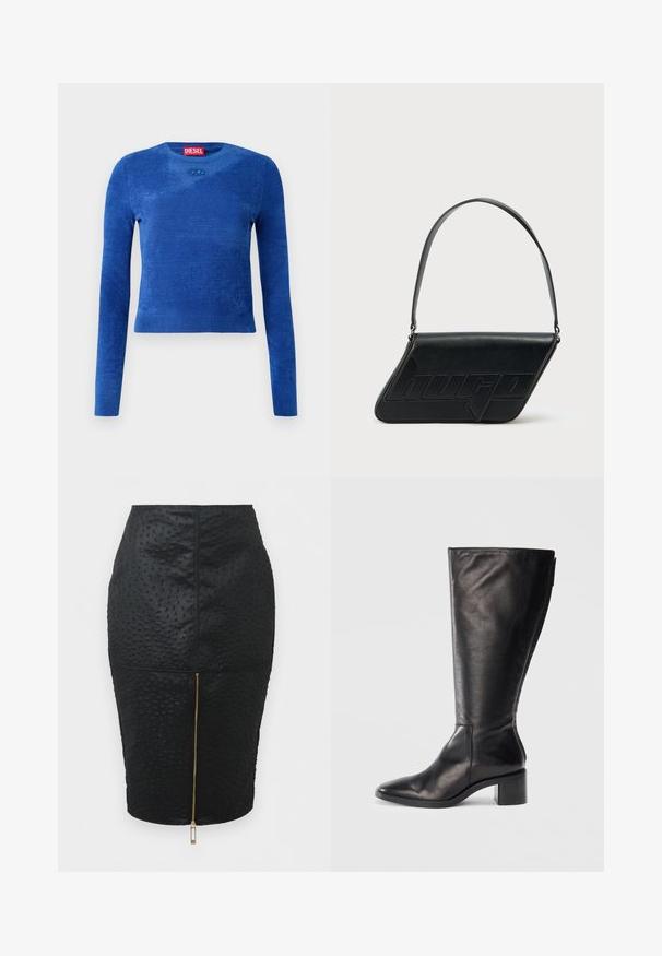 Blå langærmet cropped sweater med rund hals, subtil tekstur og lille oval logoemblem under halsudskæringen.; Sort struktureret blyantskørt med hævet prikmønster og central guldlås, der løber vertikalt fra kant til talje.; Sorte læderknæhøje støvler med firkantet tå, blokhæle og et stilrent design. Glat tekstur med en sideskift for nem påtagning.; Sort skuldertaske i læder med trekantet form, præget logo og en enkelt justerbar rem. Minimalistisk design med glat tekstur.