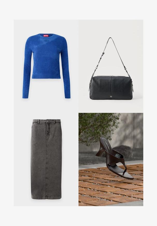 Blauwe cropped trui met lange mouwen en ronde hals, subtiele textuur en klein ovaal logo-embleem onder de halslijn.; Grijze, katoenen rok van een katoenmix met een rechte snit, knoop- en ritsluiting, riemlussen en een enkele achterzak.; Bruine Calvin Klein teenslipper met hak, hangend boven houten tegels en grind op een buitenvloer met een vage achtergrond van groen en stenen.; Zwarte rechthoekige schoudertas van leer met verstelbare riem en zilverkleurige ritsdetails op een effen lichte achtergrond.