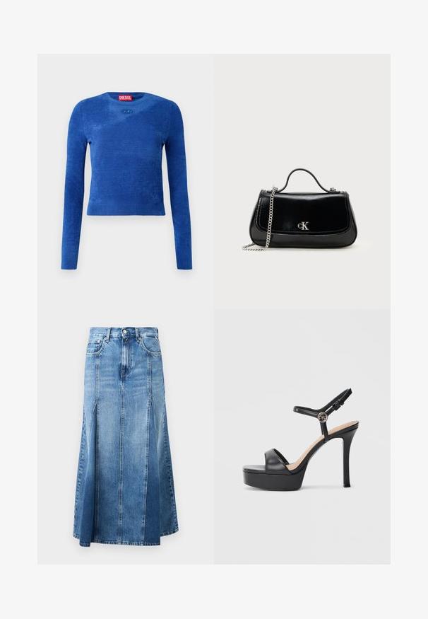 Blå langærmet cropped sweater med rund hals, subtil tekstur og lille oval logoemblem under halsudskæringen.; Denim nederdel med en lys til mørk blå gradient, knælængde, med lige snit, frontslids og klassisk knap- og lynlås-lukning.; Sorte platformsandaler med høj stiletthæl, der har en glat læderoverdel, peep toe-design og en justerbar ankelrem med metalbeslag.; Sort læderhåndtaske med en kædestrop, struktureret form og et sølvlogo. Glat overflade med flaplukning.