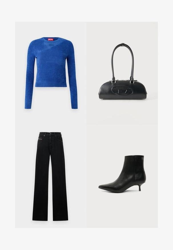Blå langærmet cropped sweater med rund hals, subtil tekstur og lille oval logoemblem under halsudskæringen.; Sorte, vide jeans i denim med knaplukning foran, fem lommer og et lille logopatch på linningen.; Sort læder ankelstøvle med spids tå og lav kitten hæl på lys baggrund, der viser yderside.; Sort læderhåndtaske med lange dobbelte håndtag og præget ovalt logo foran, vist mod en ensartet lys baggrund.