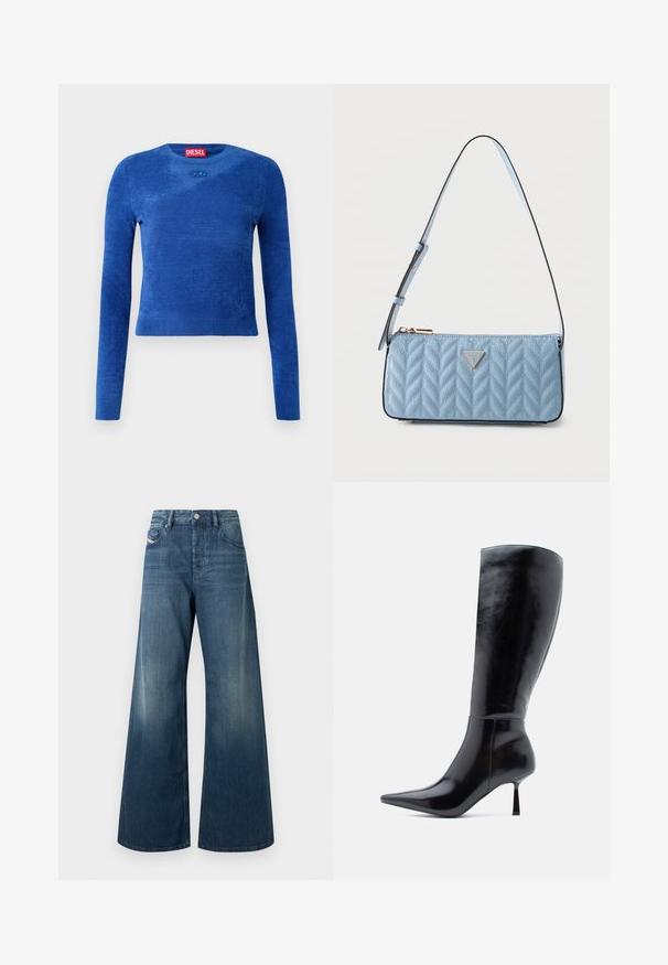 Jersey corto de manga larga azul con cuello redondo, textura sutil y pequeño emblema ovalado debajo del escote.; Jeans de piernas anchas en denim azul oscuro, con un acabado desgastado, diseño tradicional de cinco bolsillos y cierre con botón de metal en la cintura.; Botas de tacón alto negras hasta la rodilla con un acabado de cuero brillante, punta afilada y tacón delgado y cónico, que presentan una superficie lisa y un diseño elegante.; Bolso de hombro acolchado azul claro con correa ajustable y cierre de cremallera, con una pequeña placa de logo metálico triangular en la parte delantera.