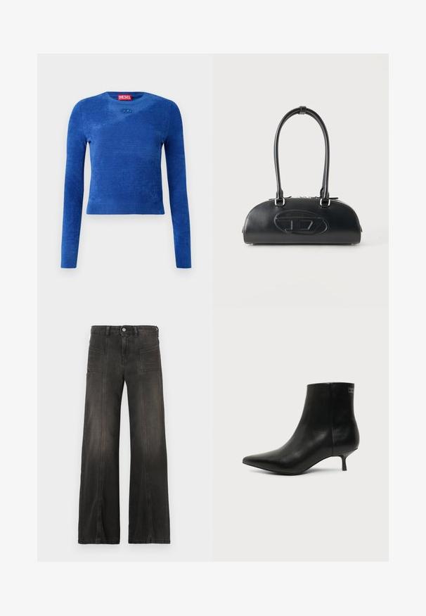 Blå langærmet cropped sweater med rund hals, subtil tekstur og lille oval logoemblem under halsudskæringen.; Sort denim i brede ben med en falmet finish, med to forlommer og syede detaljer langs sømmene. Høj talje.; Sort læder ankelstøvle med spids tå og lav kitten hæl på lys baggrund, der viser yderside.; Sort læderhåndtaske med lange dobbelte håndtag og præget ovalt logo foran, vist mod en ensartet lys baggrund.