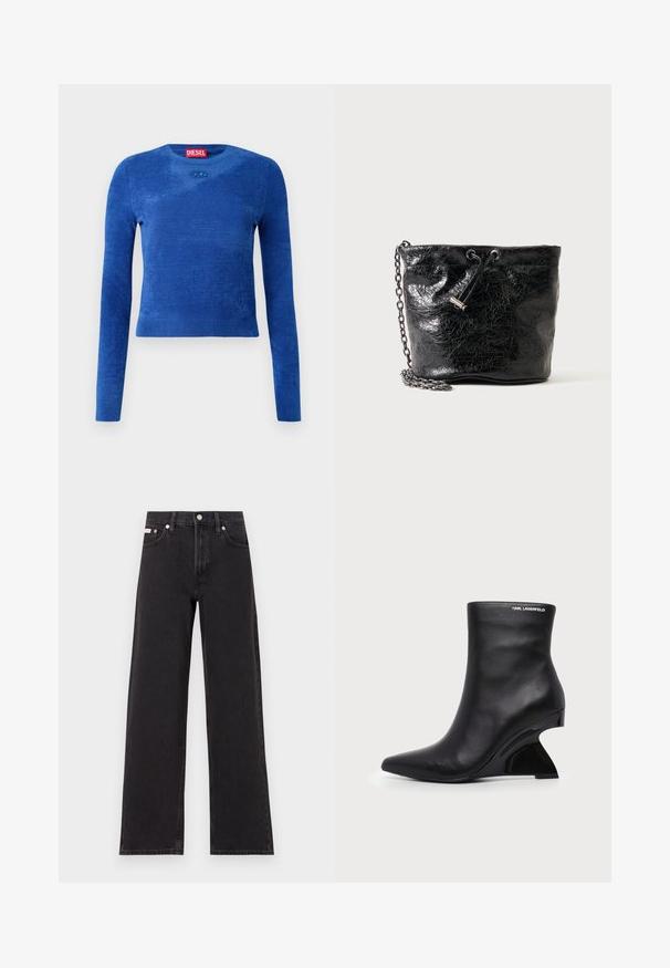 Pull cropped à manches longues bleu avec un col rond, une texture subtile et un petit emblème ovale en dessous du col.; Jeans noirs à jambes larges en denim, avec une taille haute, une coupe à cinq poches et une fermeture à bouton en métal avec des coutures contrastantes.; Bottine en cuir noir avec talon sculpté incurvé et logo Karl Lagerfeld près du bord supérieur sur fond blanc.; Sac seau en cuir noir brillant avec fermeture à cordon et bandoulière chaîne métallique sur fond uni.